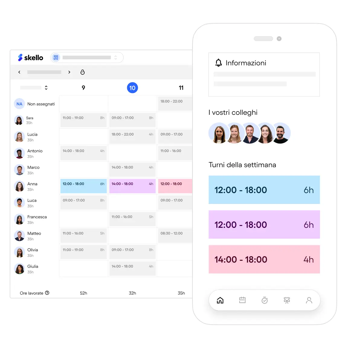 Interface d'application de planning avec un tableau des horaires des employés et une vue mobile montrant les collègues et leurs horaires de la semaine en couleurs.