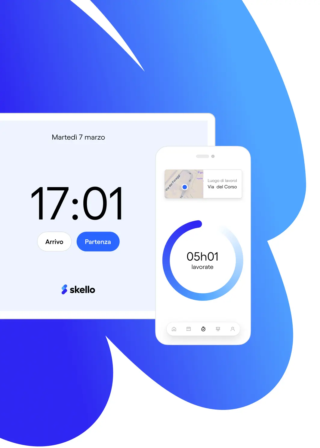 Interface de pointage horaire avec un écran affichant l'heure 17:01 le mardi 7 mars et un téléphone montrant 5h01 travaillées et un emplacement de travail Via del Corso.