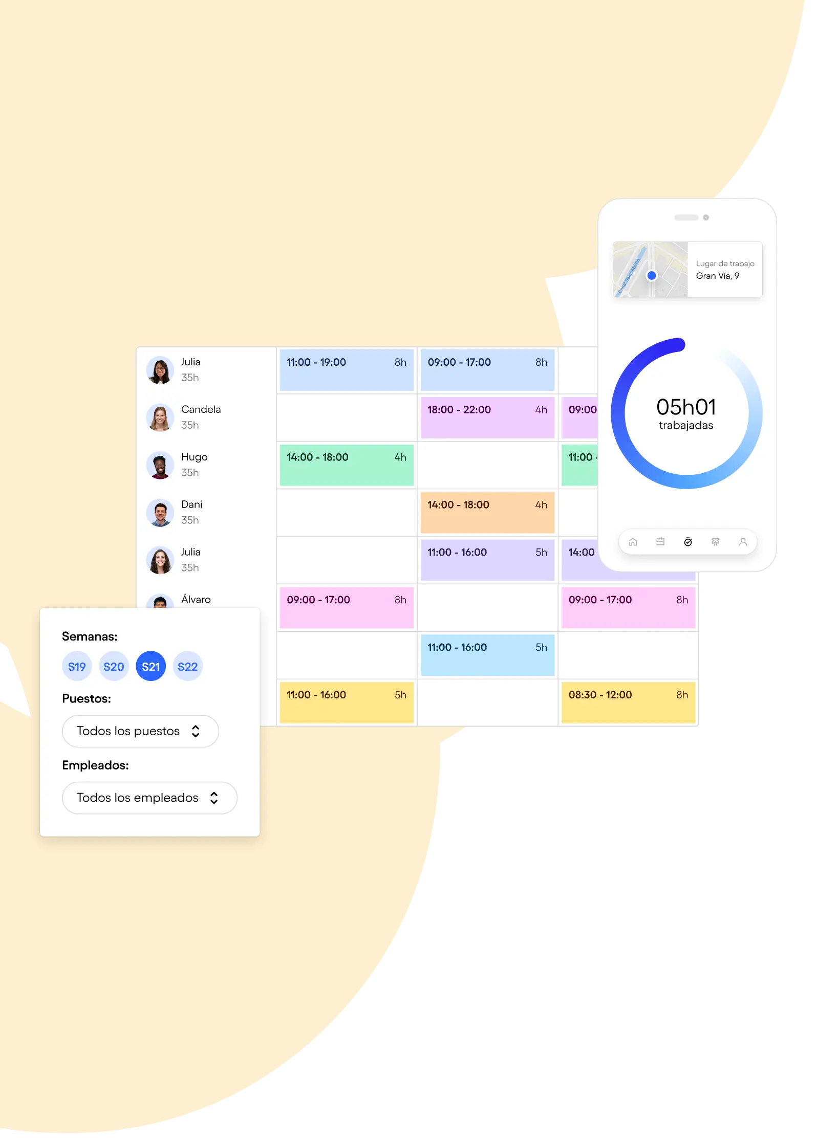 Interface de planning d’emploi du temps avec horaires colorés, filtres de semaine, postes, employés, et heures travaillées.