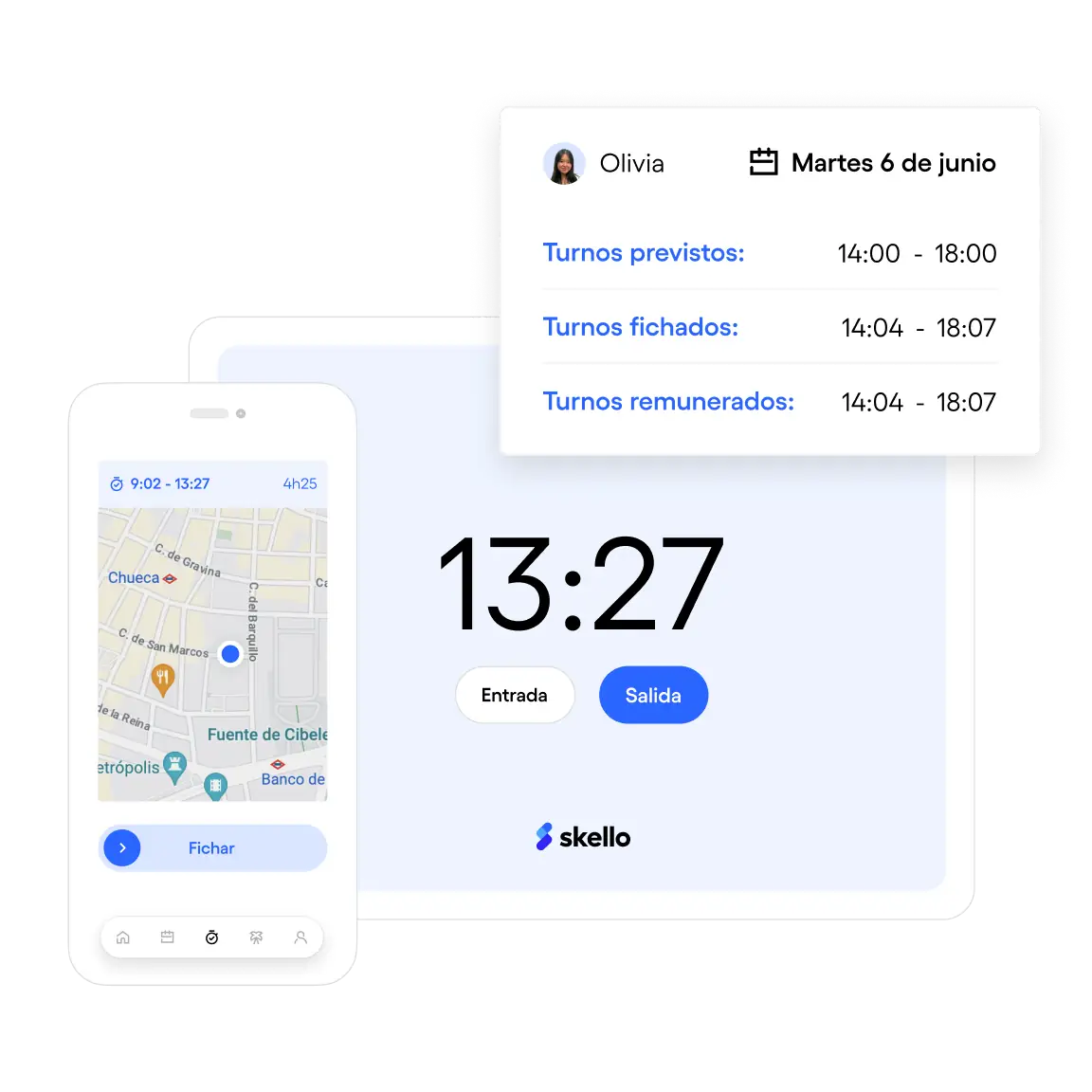 Interface de pointage Skello affichant l'heure 13:27, avec options Entrée et Sortie, et détails de présence d'Olivia.