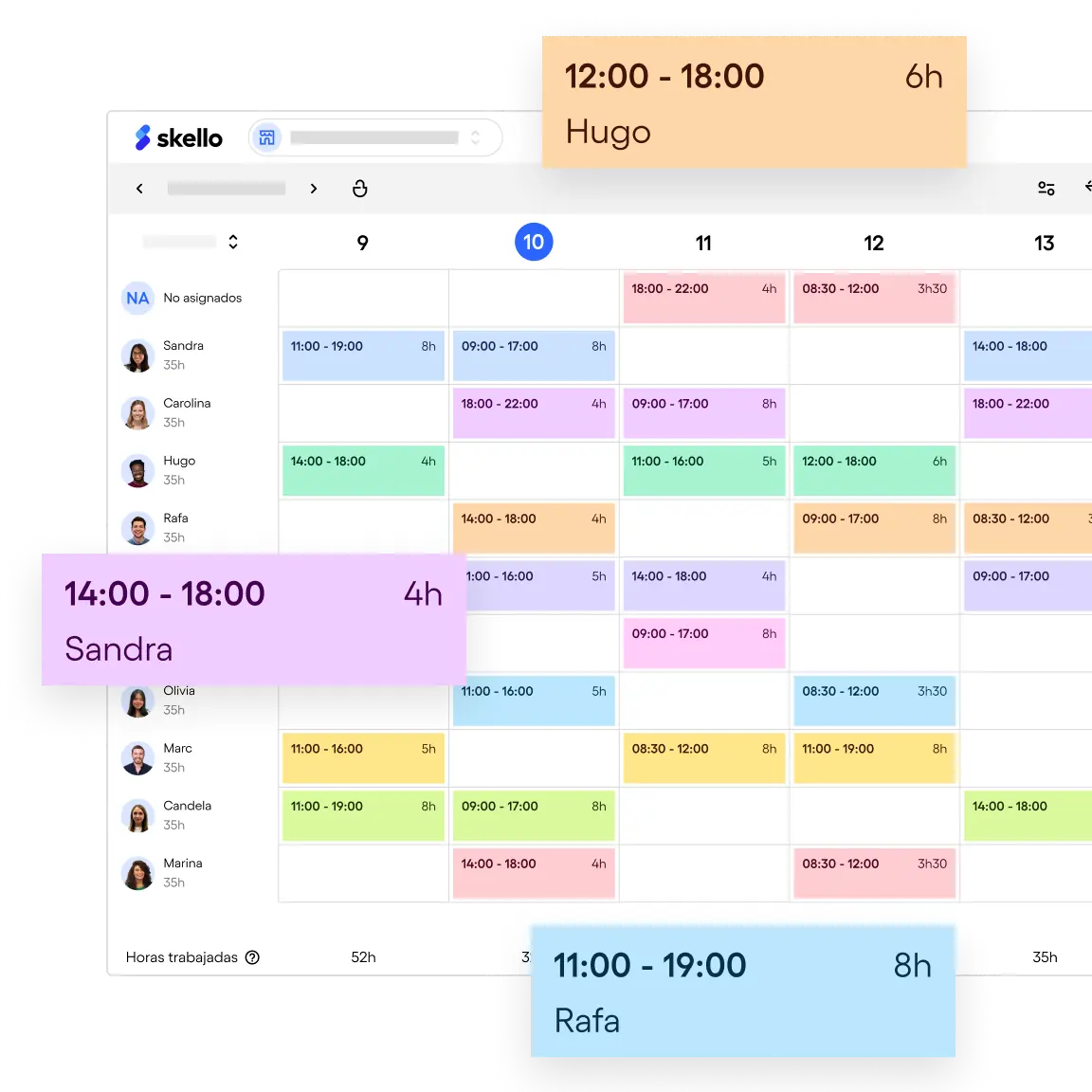 Calendrier de planning avec horaires colorés assignés à Sandra, Hugo, Rafa et autres employés.