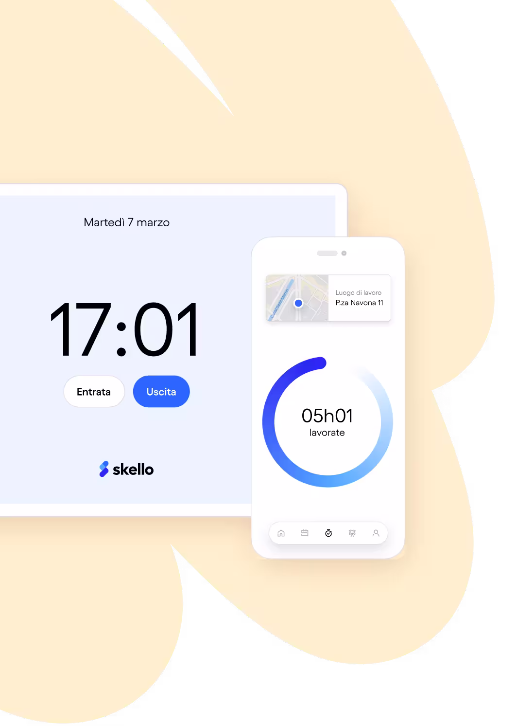 Interface d'enregistrement du temps avec horloge, boutons Entrée/Sortie et suivi des heures travaillées sur mobile.