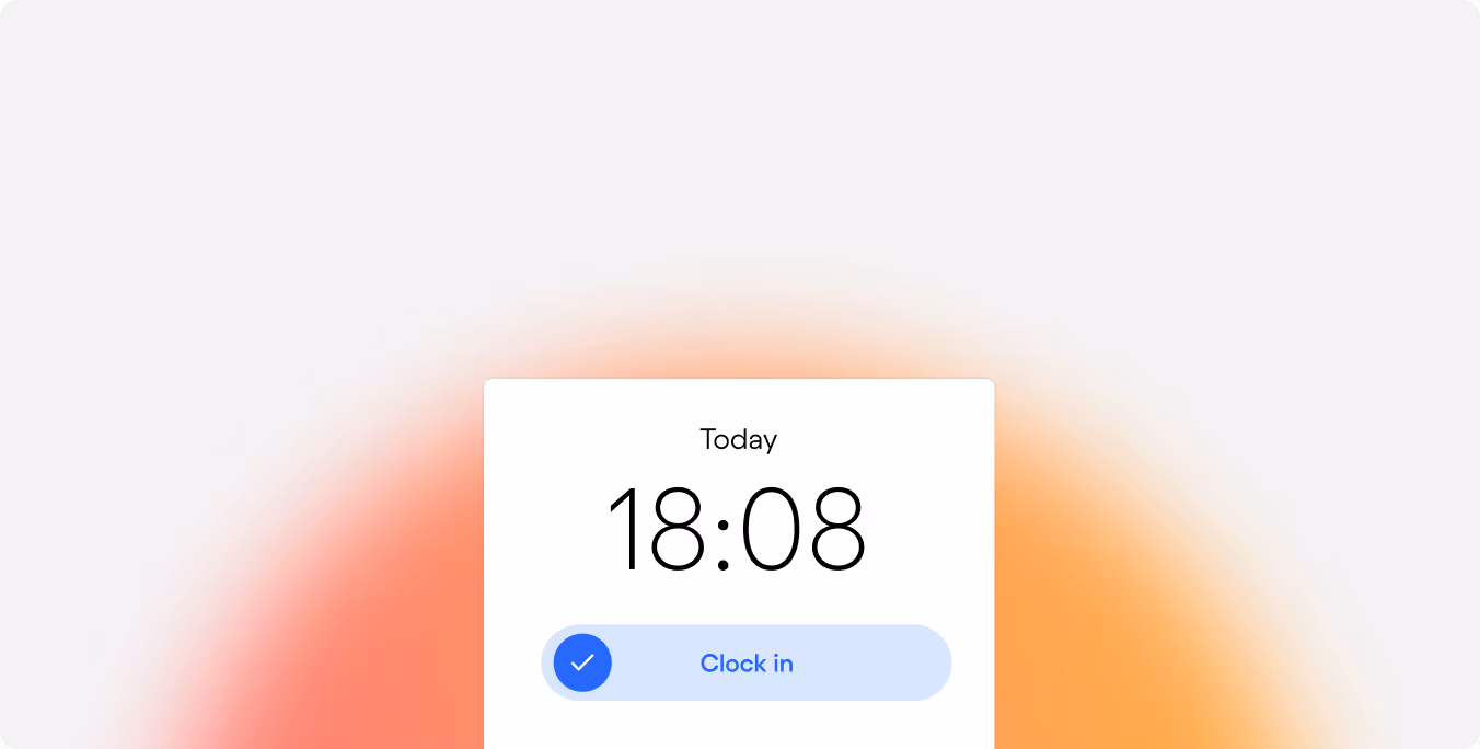 Interface d'enregistrement de présence affichant l'heure 18:08 avec un bouton bleu 'Clock in' coché.