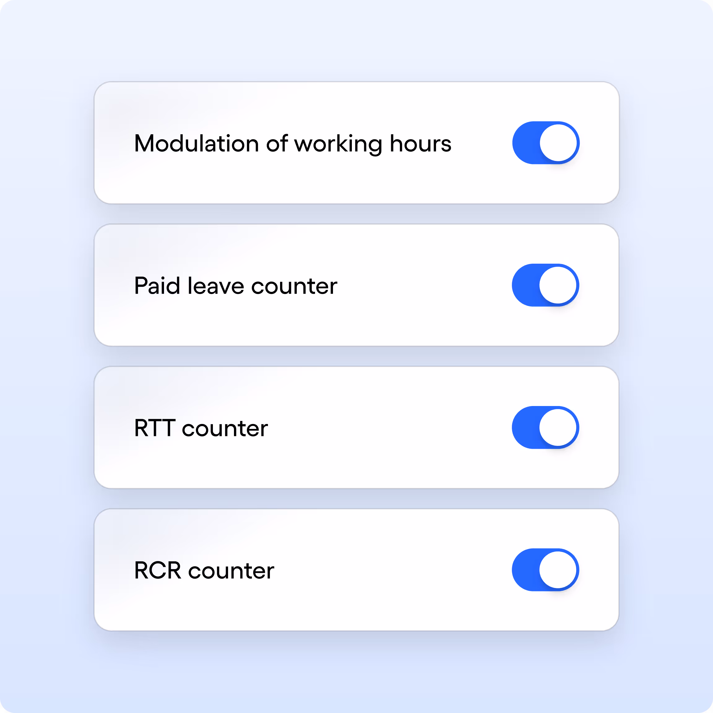 Quatre interrupteurs activés pour modulation des heures, compteur congés payés, RTT et RCR.