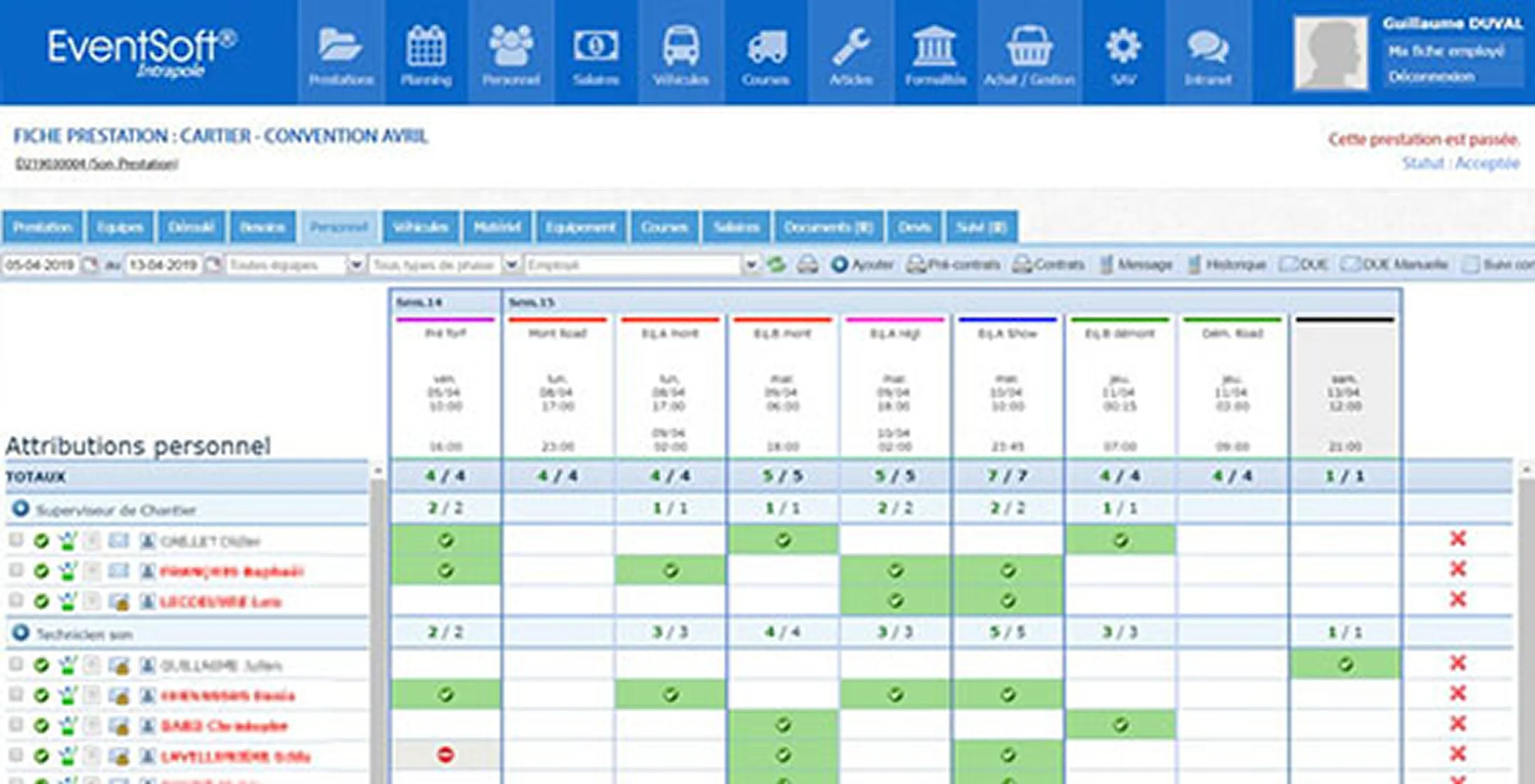 Interface EventSoft pour la gestion des ressources logistiques événementielles