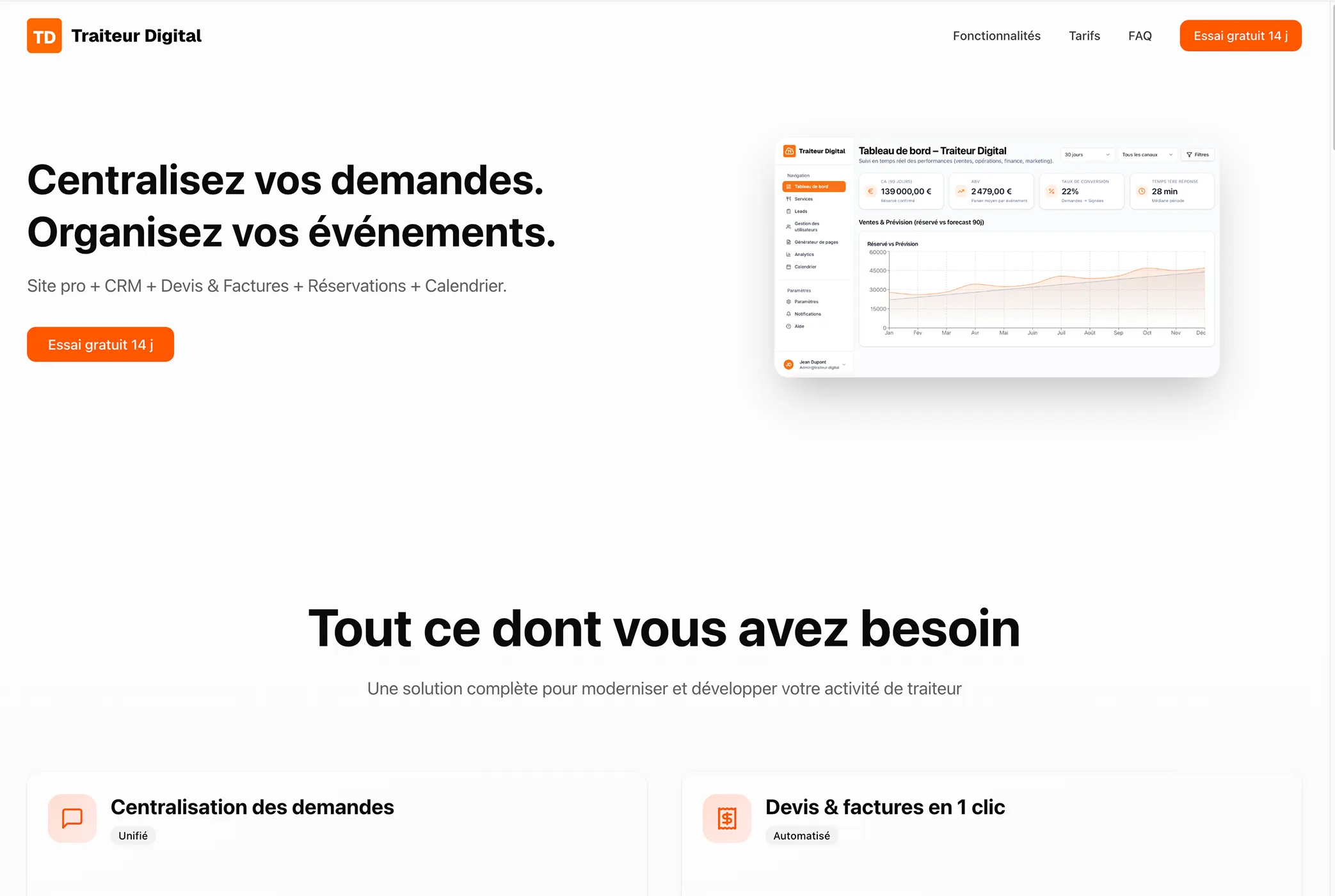 Interface du logiciel Traiteur Digital pour la gestion CRM et devis traiteur