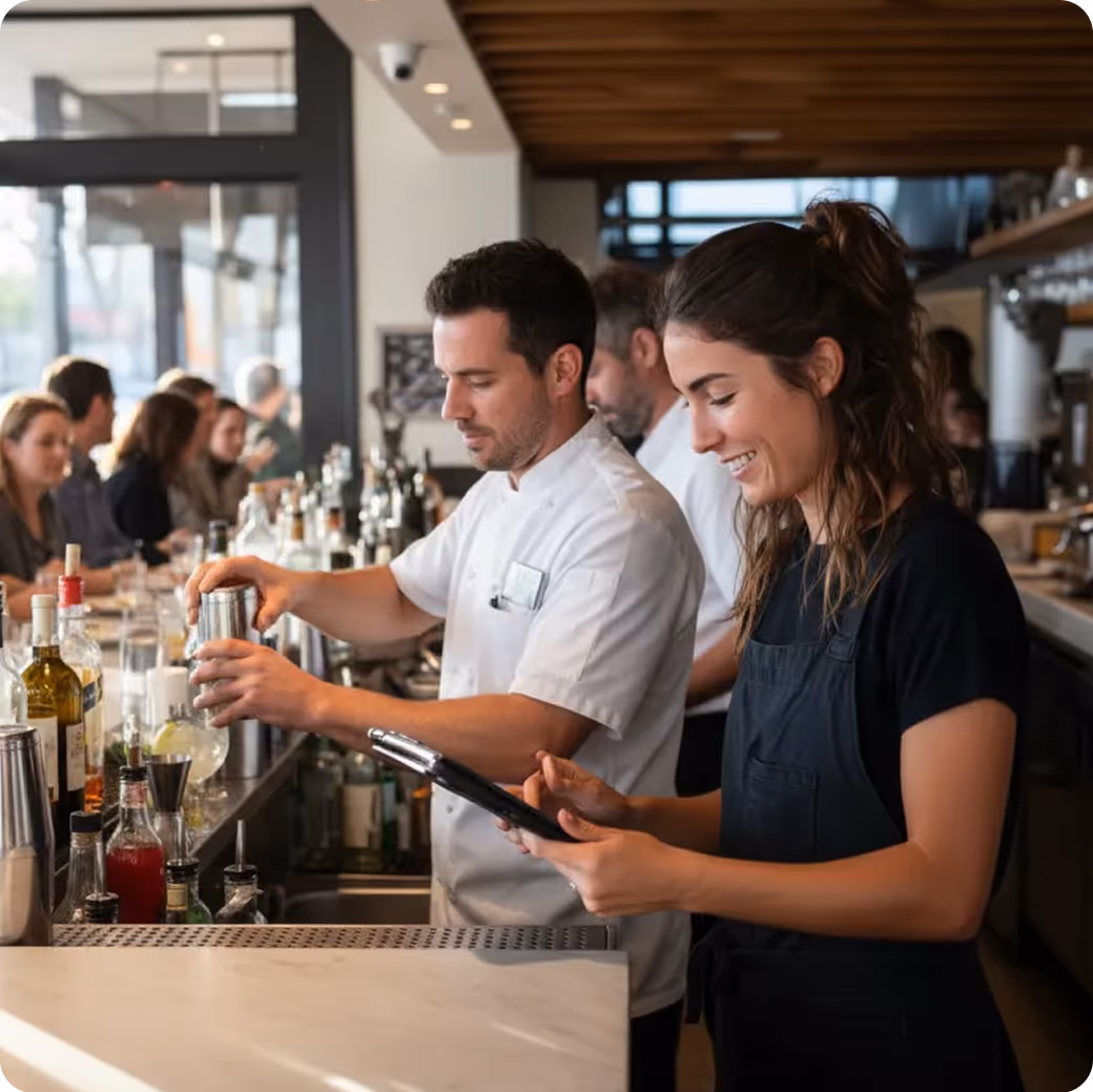 Deux barmans préparant des boissons dans un bar animé, une femme souriante utilisant une tablette.