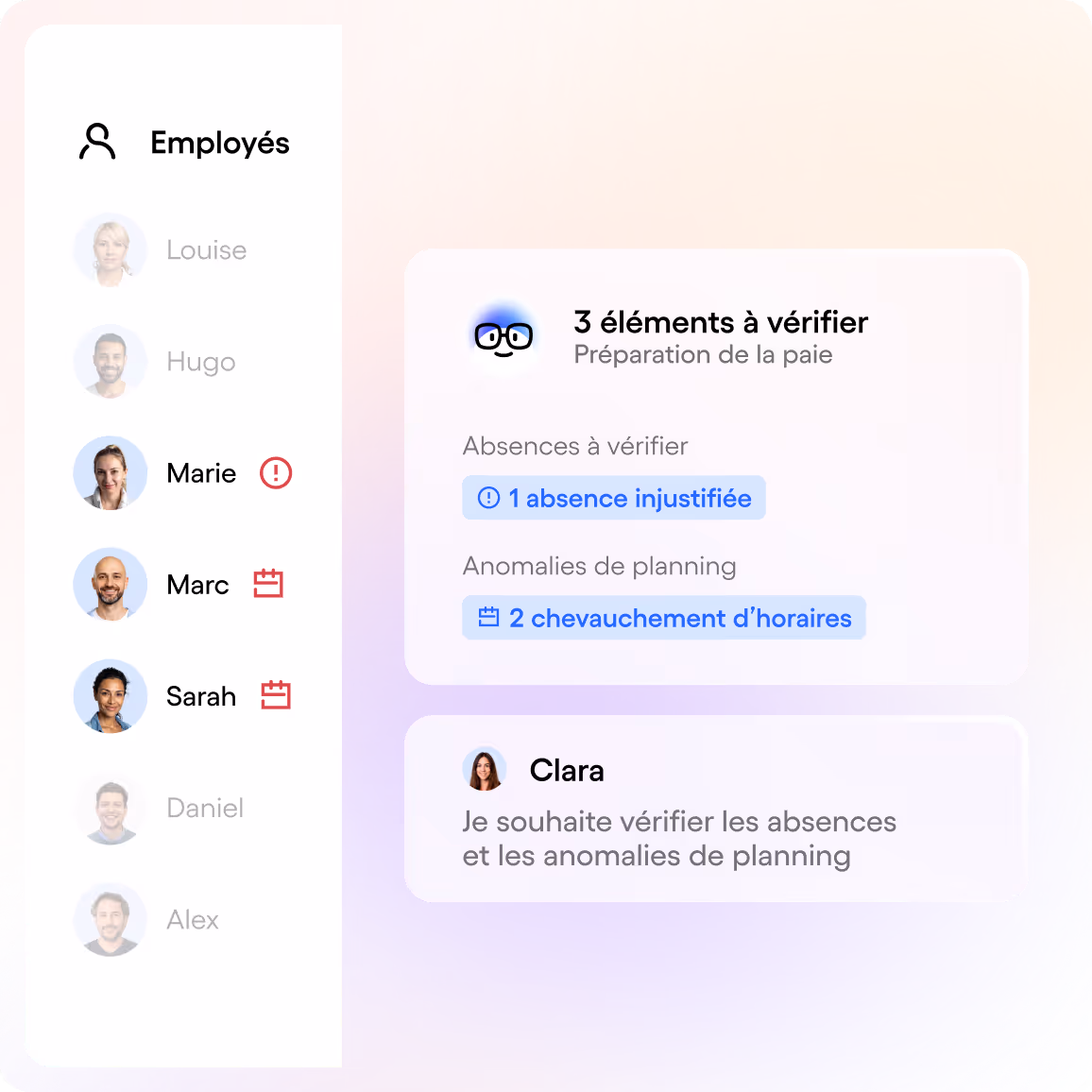 Une femme avec un casque micro sourit en travaillant dans un centre d'appels avec d'autres employés en arrière-plan, accompagnée d'une fenêtre de chat Skello proposant de l'aide.