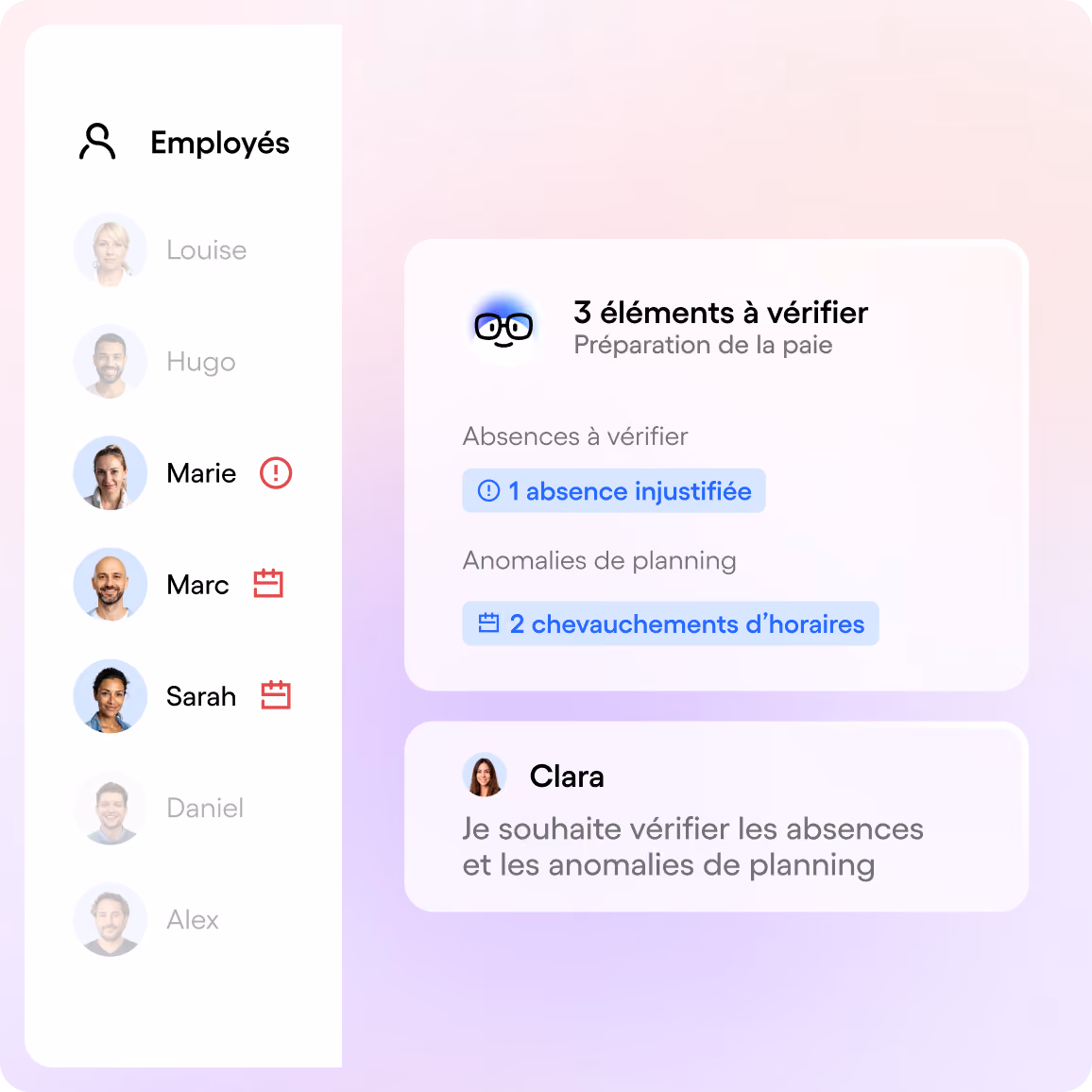 Une femme avec un casque micro sourit en travaillant dans un centre d'appels avec d'autres employés en arrière-plan, accompagnée d'une fenêtre de chat Skello proposant de l'aide.