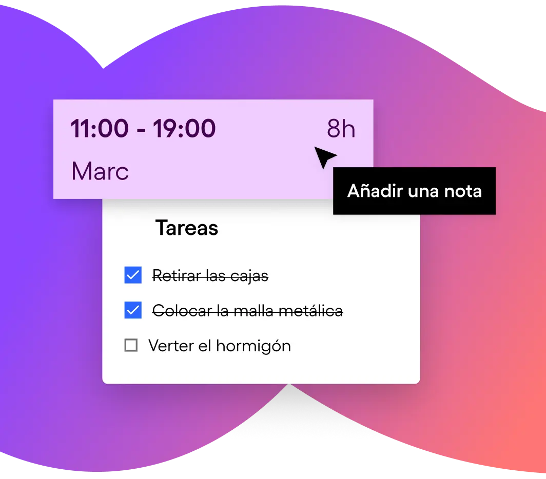 Task list for Marc from 11:00 to 19:00 with two completed tasks, 'Retirar las cajas' and 'Colocar la malla metálica,' and one pending task, 'Verter el hormigón.'
