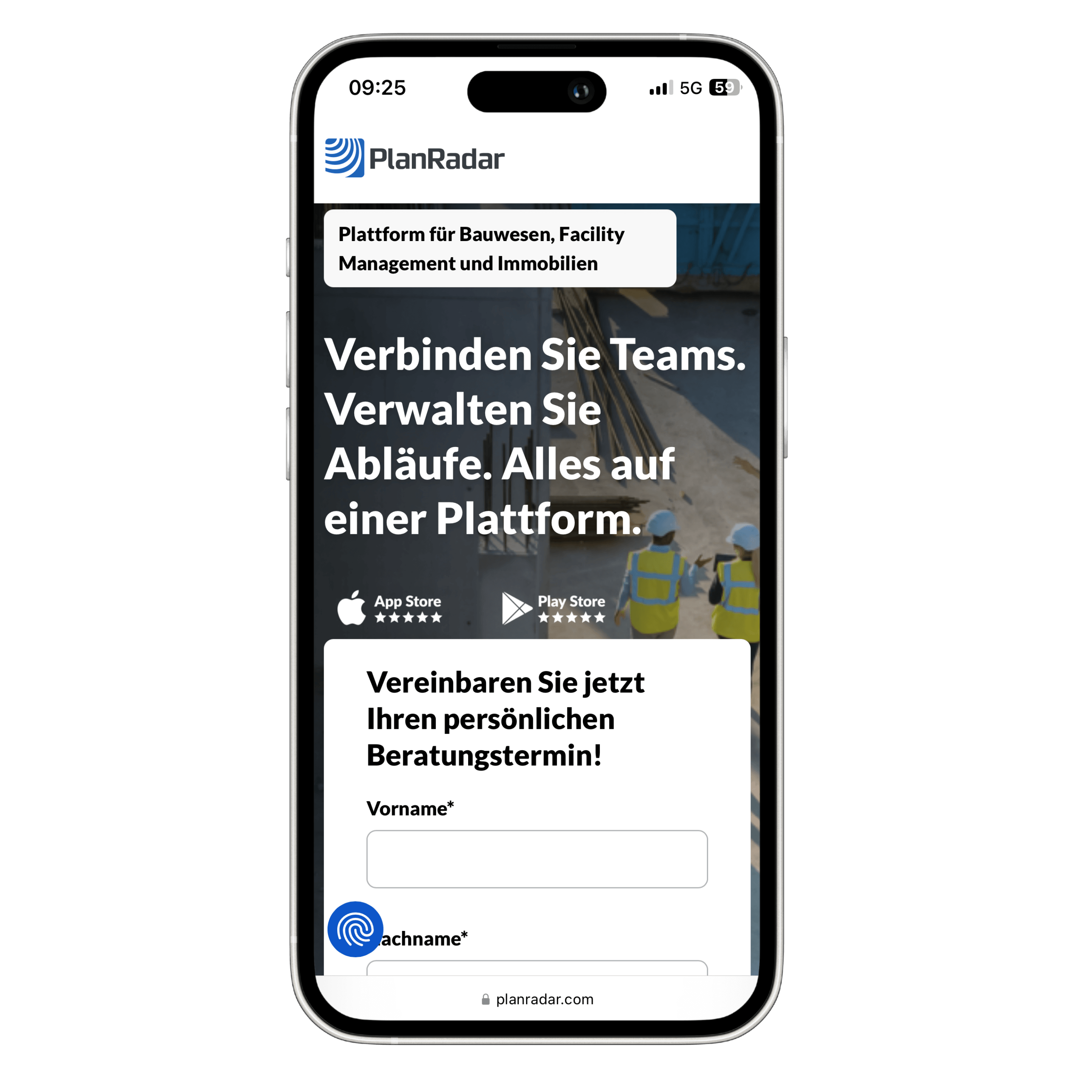 Iphone Mockup mit der Website von PlanRadar