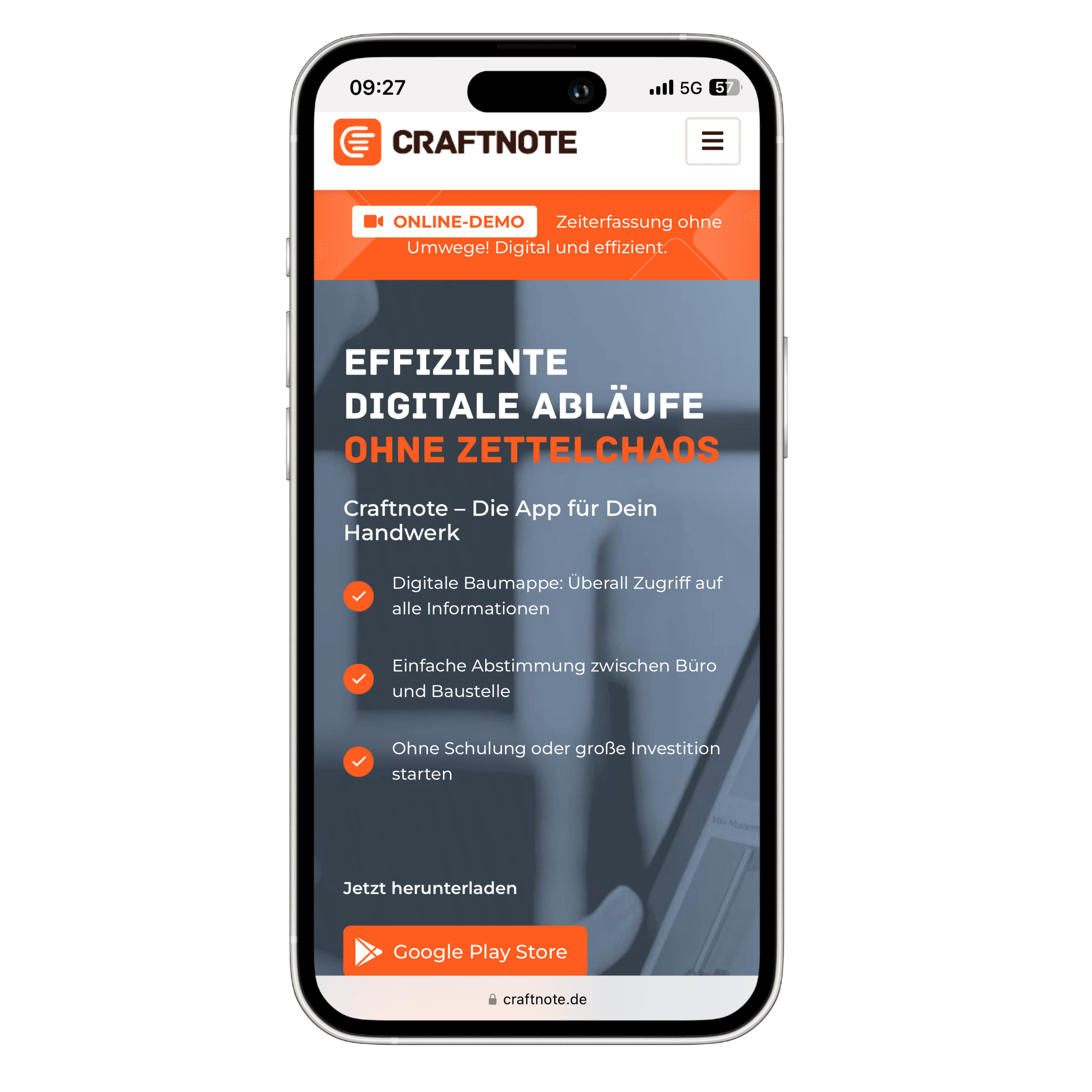 Iphone Mockup mit der Website von Craftnote