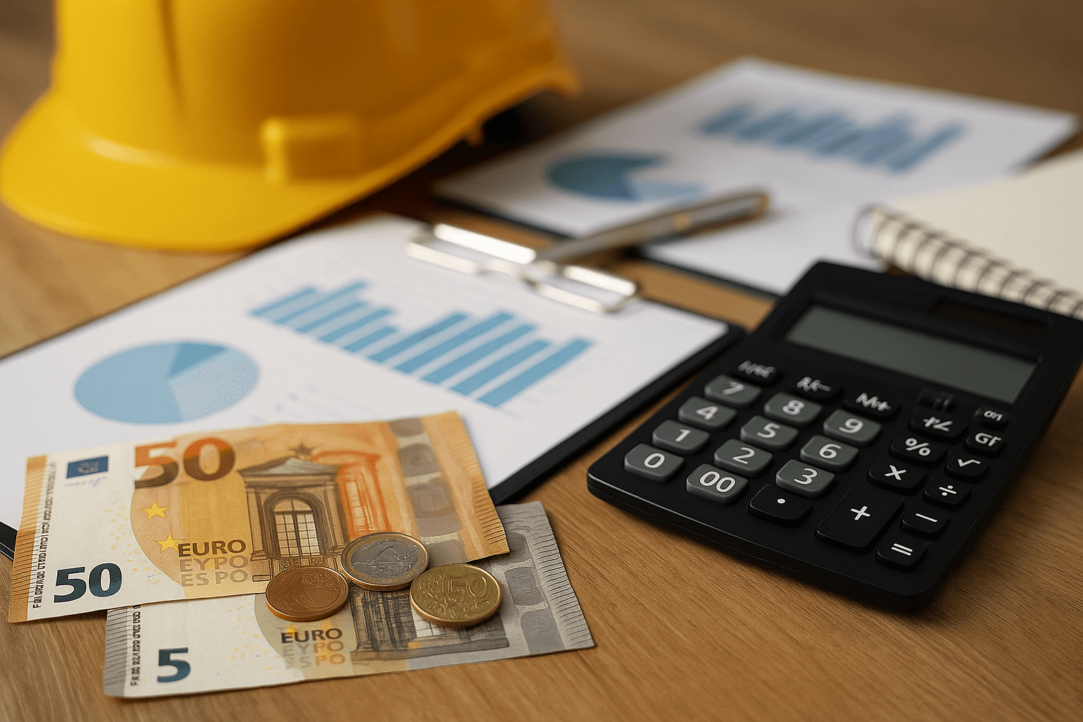 Ein Schreibtisch mit einem gelben Bauhelm, Euro-Geldscheinen und -Münzen, einem Taschenrechner und Finanzunterlagen, Diagrammen und einem Stift.