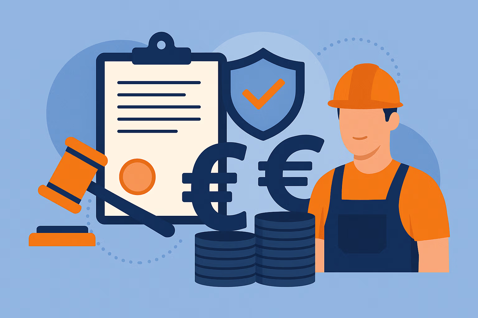 Illustration zeigt einen Bauarbeiter mit Helm, Eurozeichen, Münzstapel, einem Clipboard mit Vertrag, Richterhammer und einem Schild mit Haken – symbolisch für Forderungsabsicherung im Handwerk.