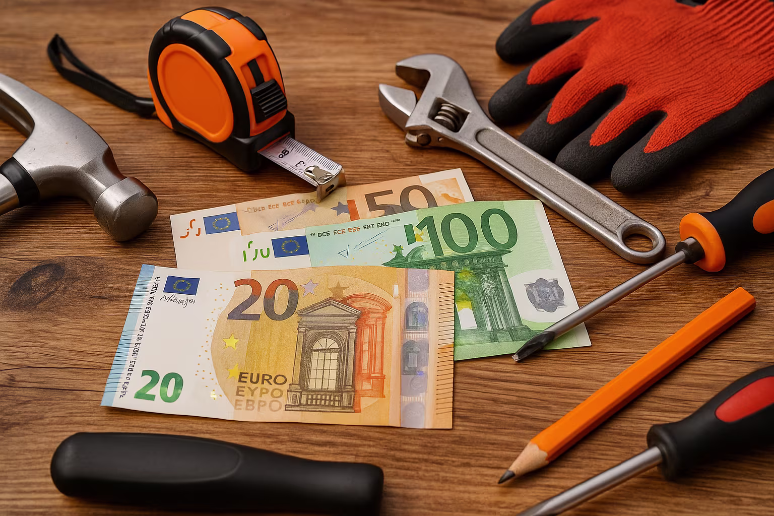 Verschiedene Euro-Geldscheine liegen auf einem Holztisch, umgeben von typischen Handwerkswerkzeugen wie Hammer, Schraubenzieher, Schraubenschlüssel, Maßband, Bleistift und Arbeitshandschuhen