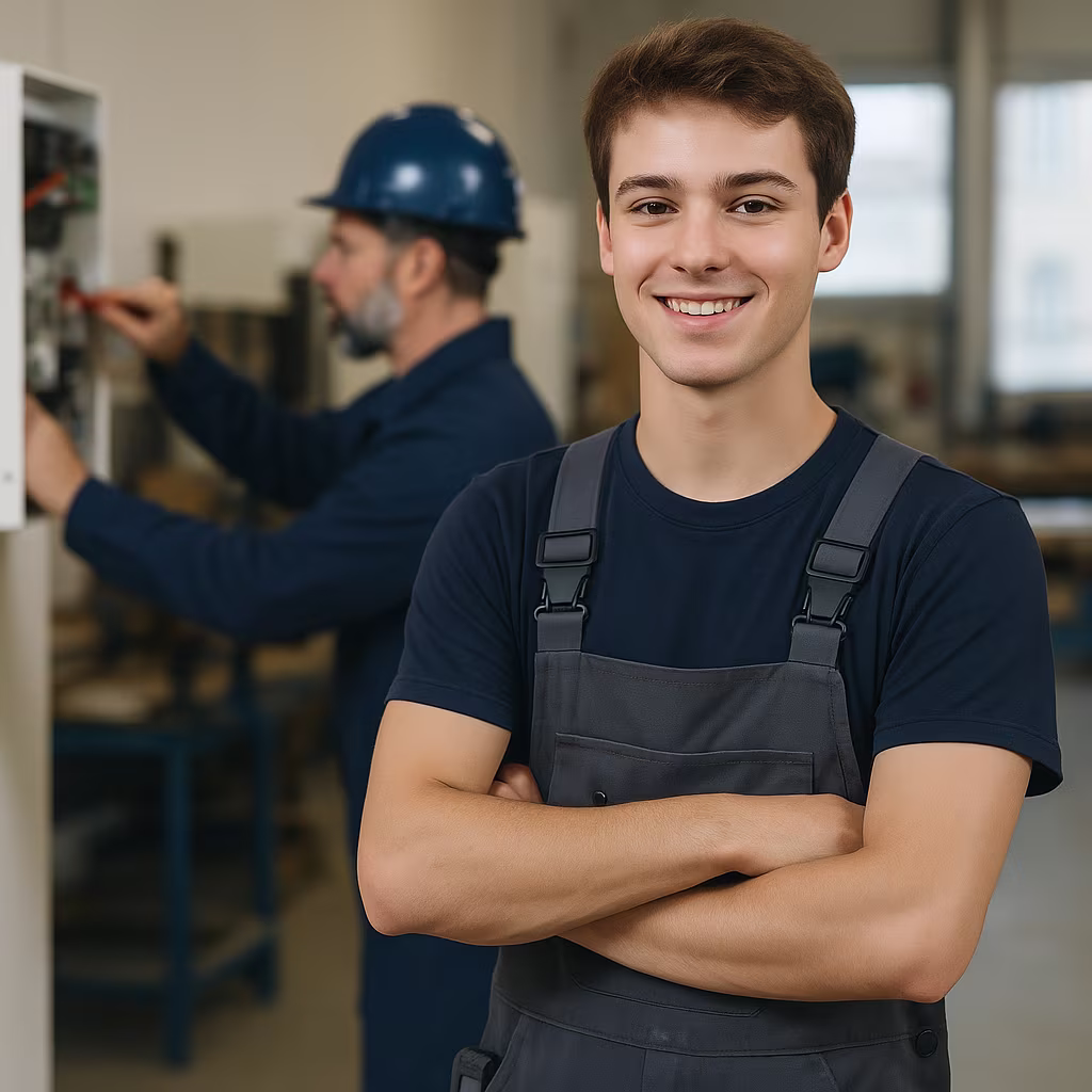 Junger Auszubildender in dunkler Arbeitskleidung steht selbstbewusst mit verschränkten Armen in einer modernen Werkstatt