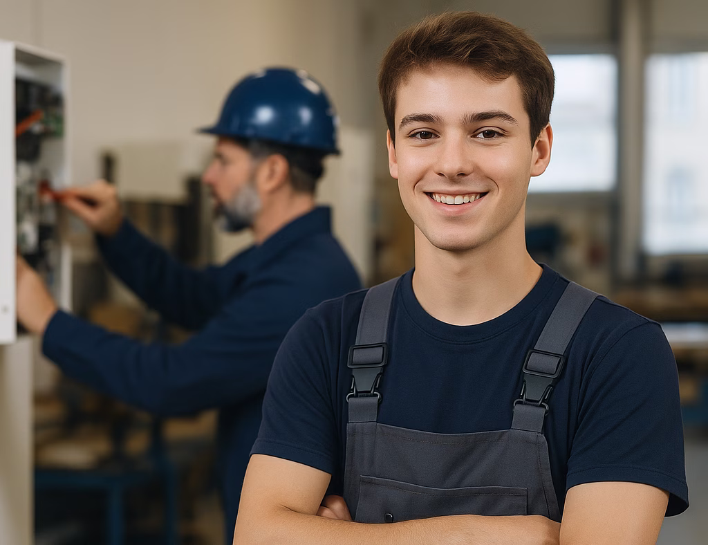 Junger Auszubildender in dunkler Arbeitskleidung steht selbstbewusst mit verschränkten Armen in einer modernen Werkstatt