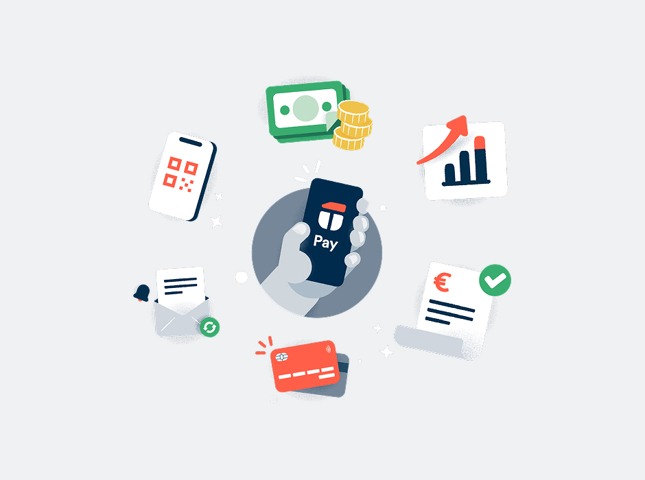 Illustration einer Hand mit Smartphone und ToolTime-Pay-Logo auf dem Display, umgeben von Symbolen für Geld, Kreditkarte, Rechnung, Statistik, QR-Code und Benachrichtigung.