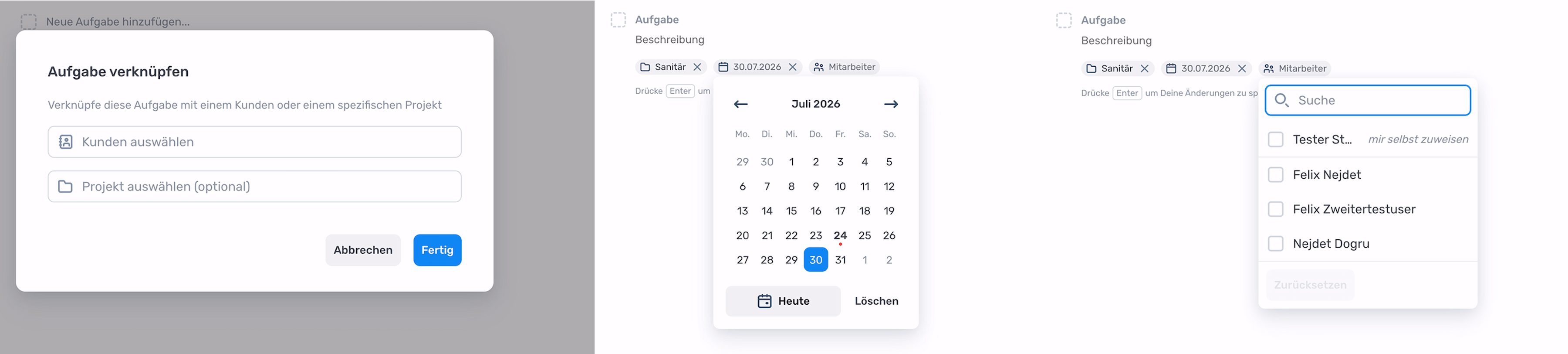 Aufgabenerstellung in ToolTime: Kundenverknüpfung, Kalenderauswahl und Zuweisung an Mitarbeiter