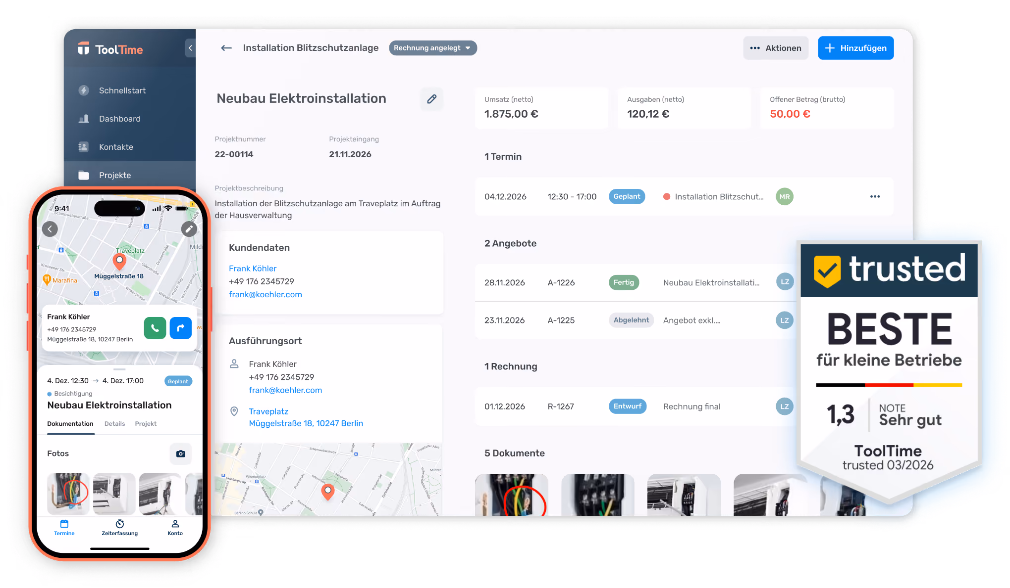 ToolTime Projektübersicht inklusive Trusted Siegel mit Note 1,3