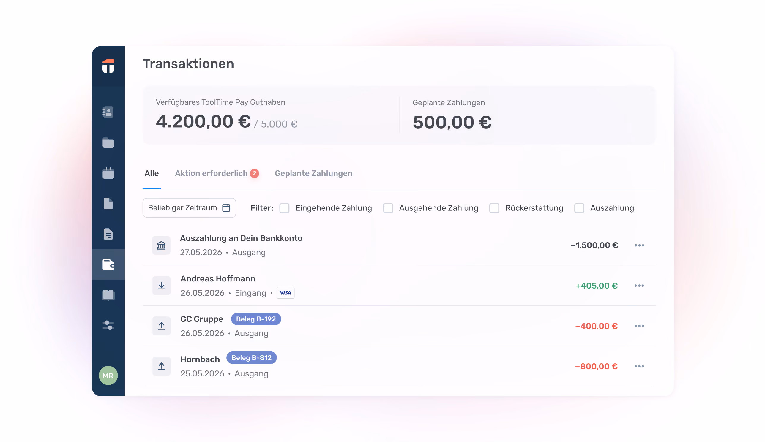 Alle Zahlungseingänge und Zahlungsausgänge in der ToolTime Pay Übersicht