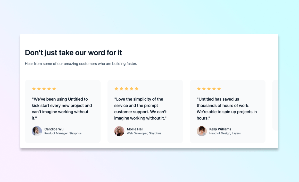 Customer reviews section on homepage