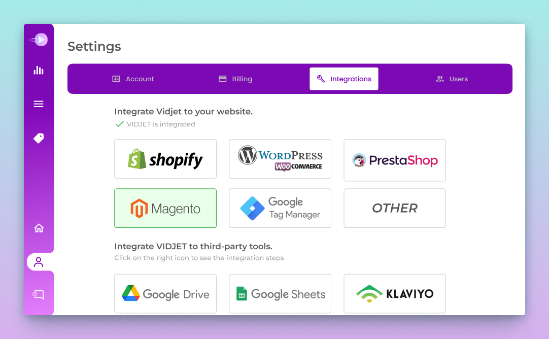 Vidjet magento description & integrations