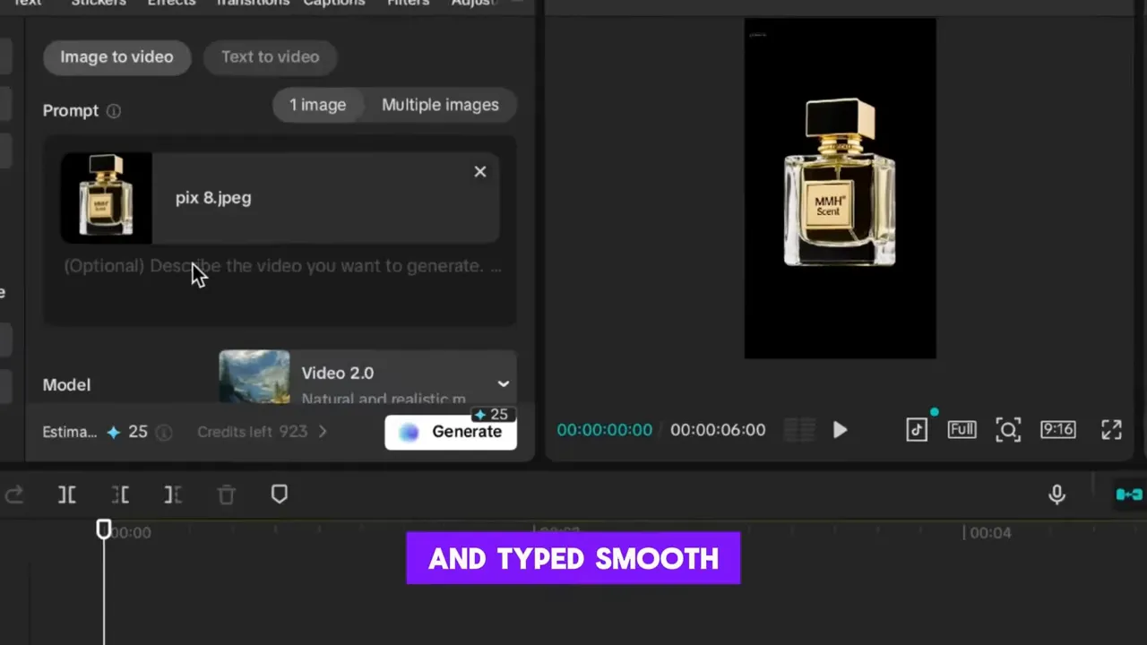 AI video generation creating a rotating perfume bottle ad
