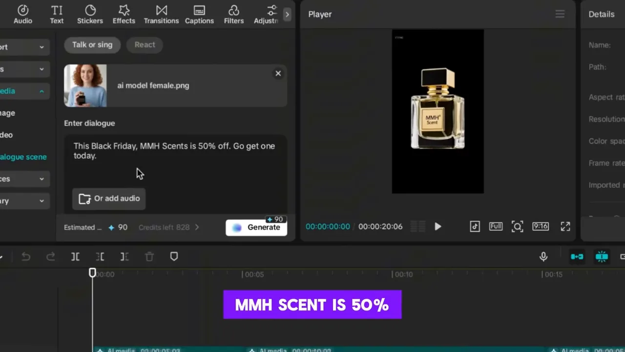 AI dialogue scene turning a model photo into a talking promo