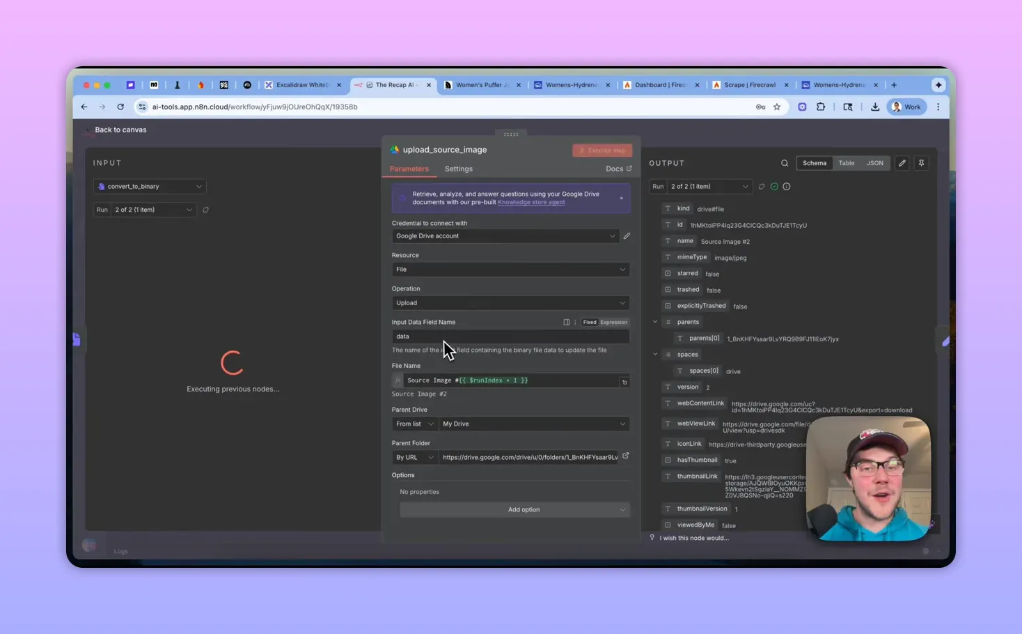 upload_source_image node open in n8n showing Upload operation, file name expression, parent folder URL and the run output column — used to save the source image to Google Drive