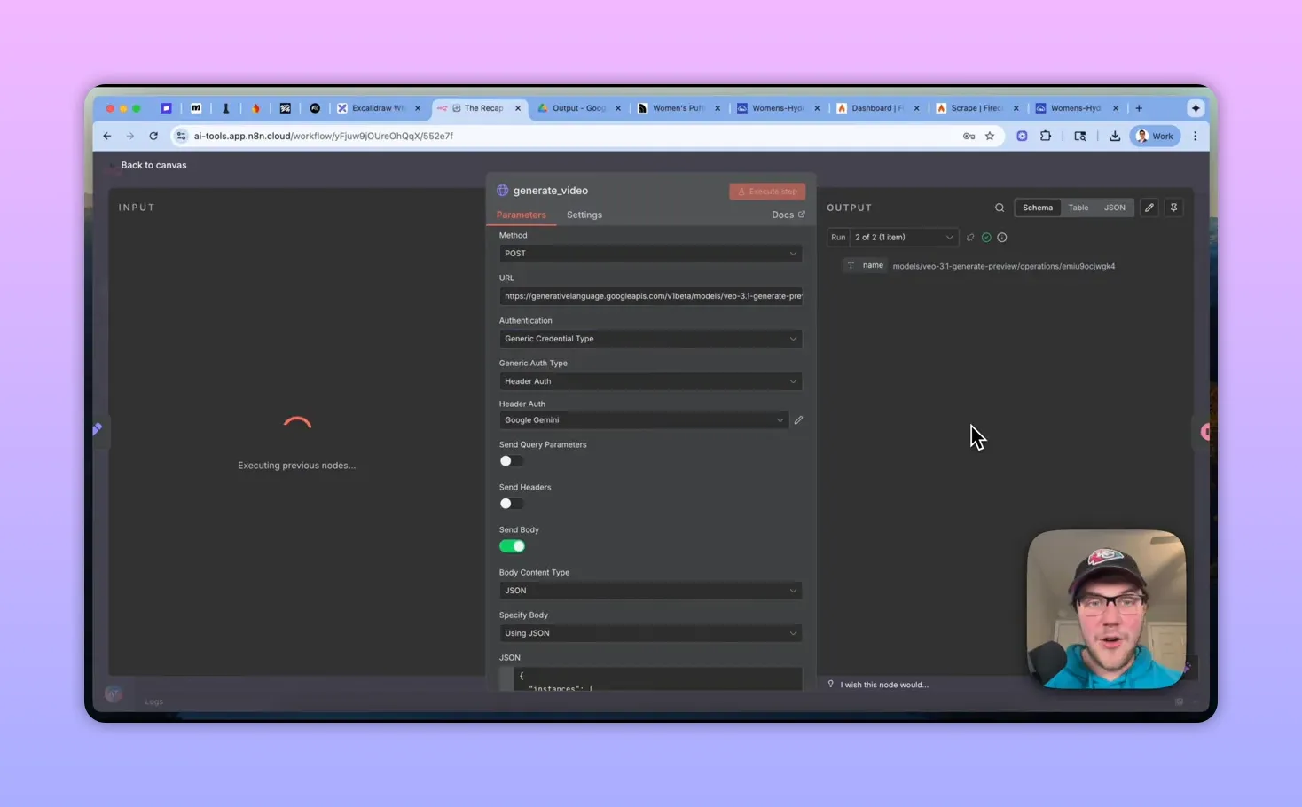 n8n generate_video node settings with Generic Auth Type set and Generic Auth suboption 'Header Auth' selected and 'Google Gemini' header auth shown
