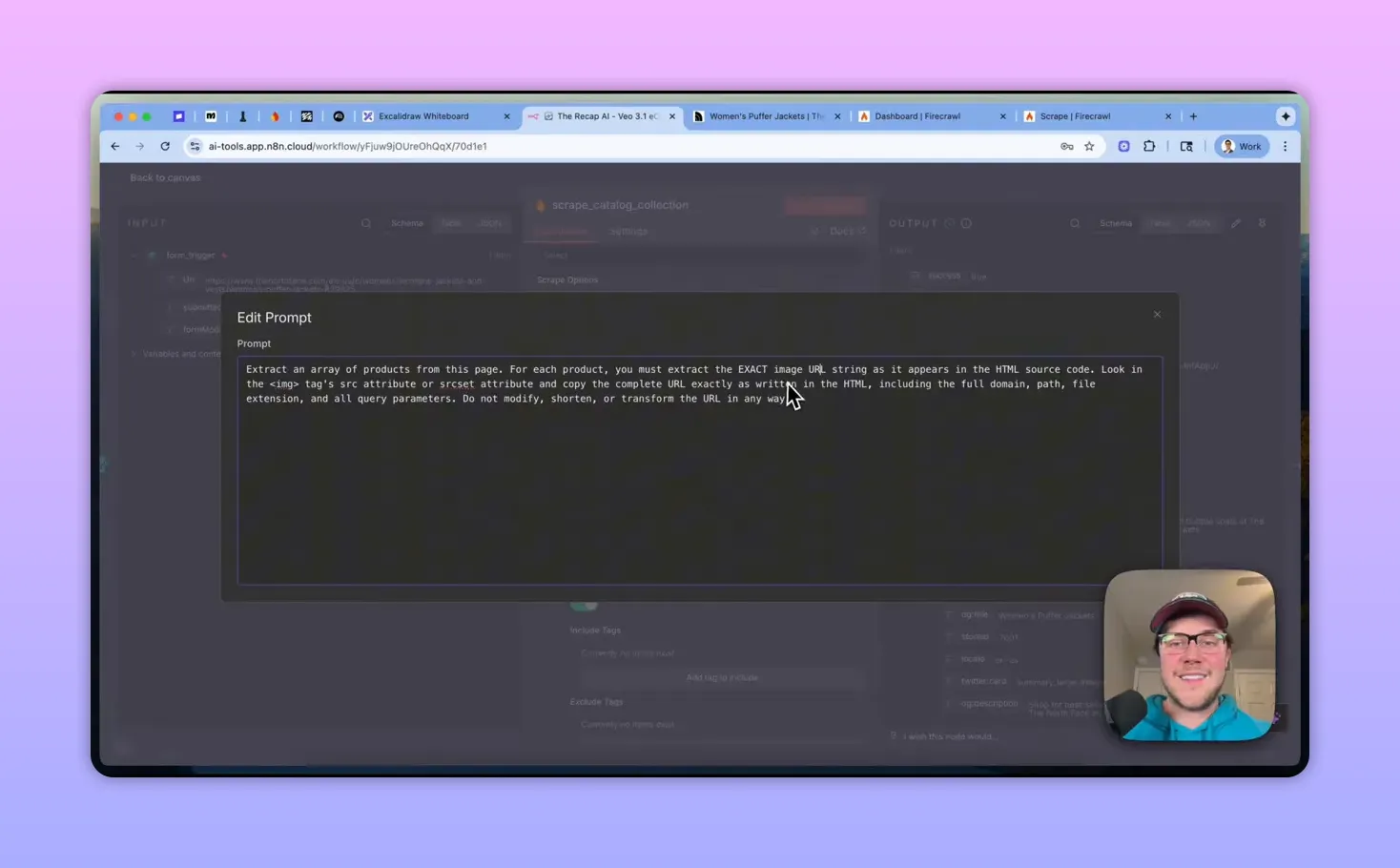 Firecrawl edit prompt centered, explaining how to extract exact image URLs for scraping