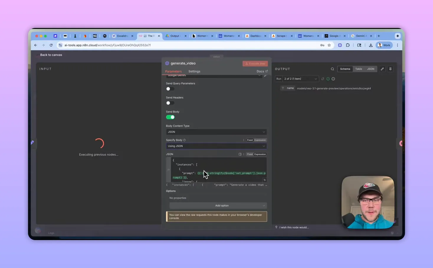 n8n generate_video node panel clearly showing the JSON instances and prompt fields used to call Gemini VO3.1 with a small presenter inset