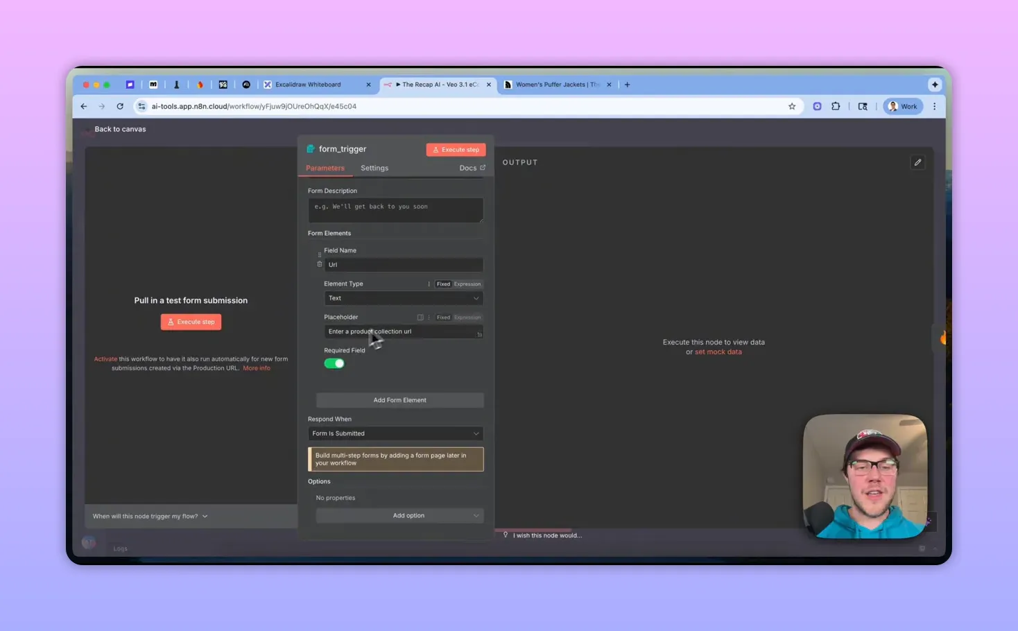 n8n form trigger settings panel showing Field Name 'Url', Placeholder 'Enter a product collection url', and Required Field toggle