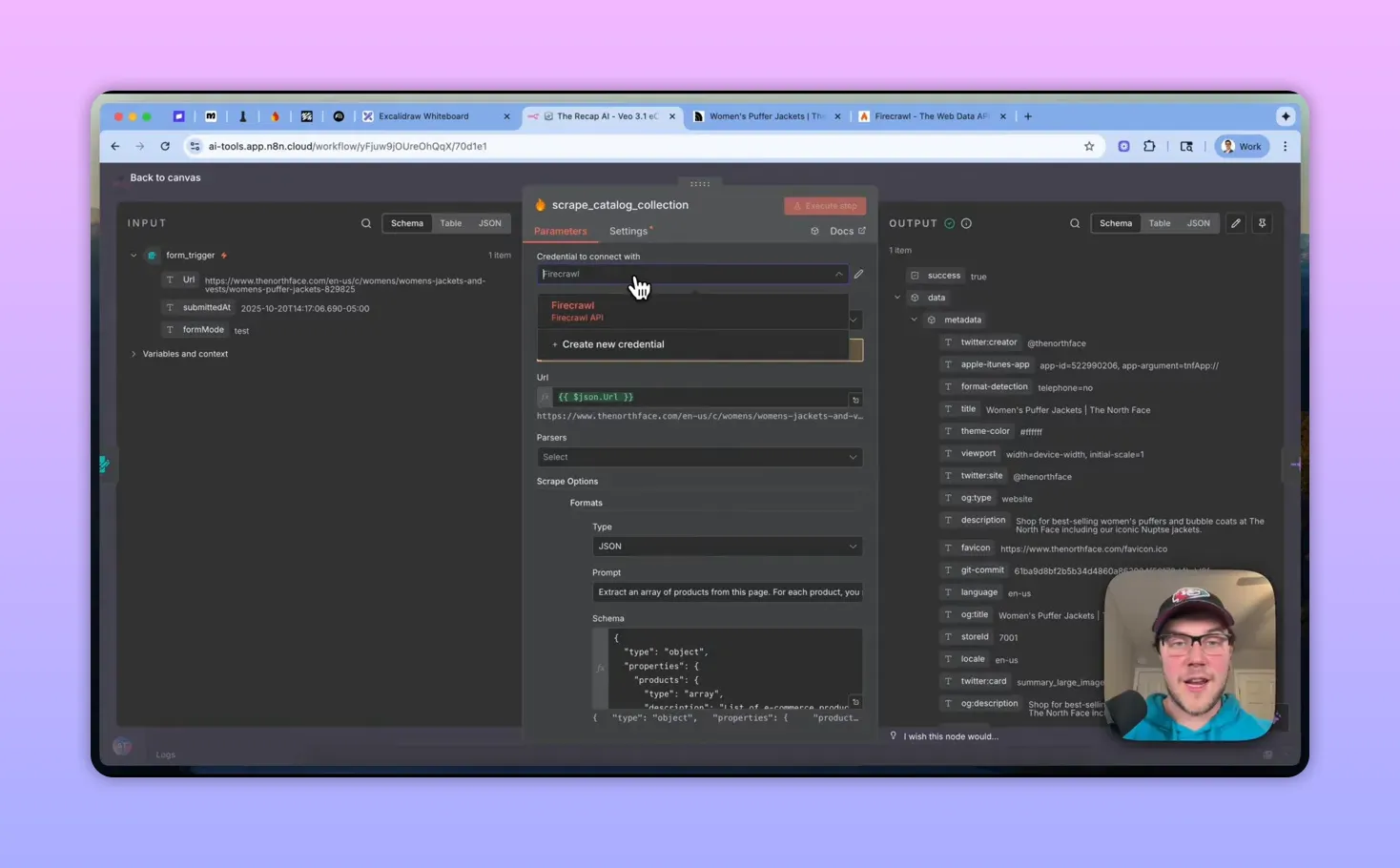 Selecting Firecrawl credential in the n8n scrape_catalog_collection node with JSON schema visible