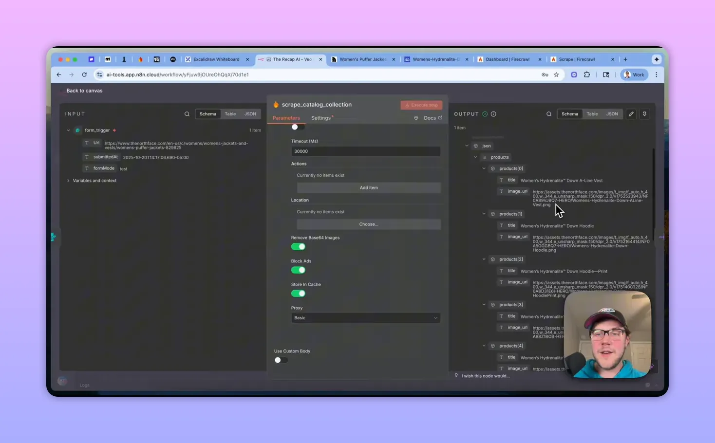 close up of n8n Firecrawl output JSON listing products with title and image_url fields ready to be split