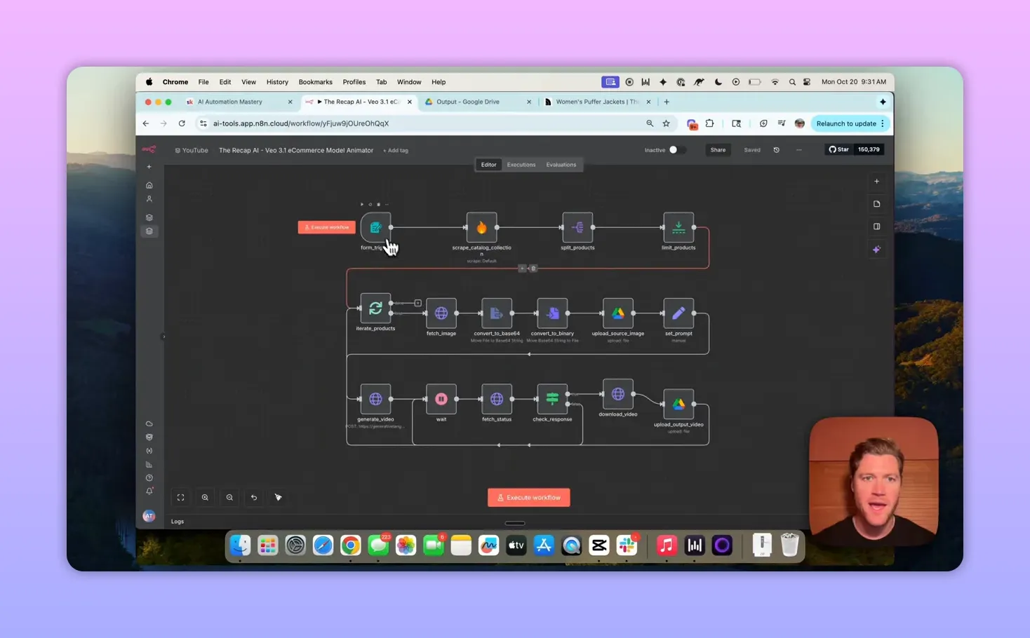 clear n8n workflow diagram showing nodes for form_trigger, scrape_catalog, split_products, fetch_image, convert_to_base64, generate_video, download_video and upload steps
