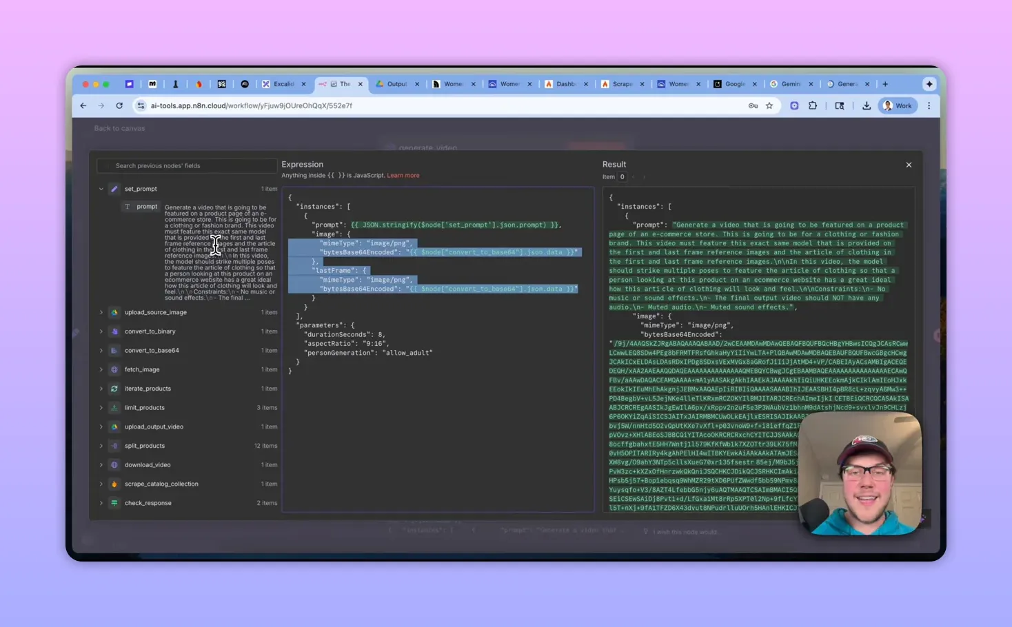 n8n JSON editor highlighting the image and lastFrame objects with bytesBase64Encoded entries, illustrating first-frame and last-frame usage