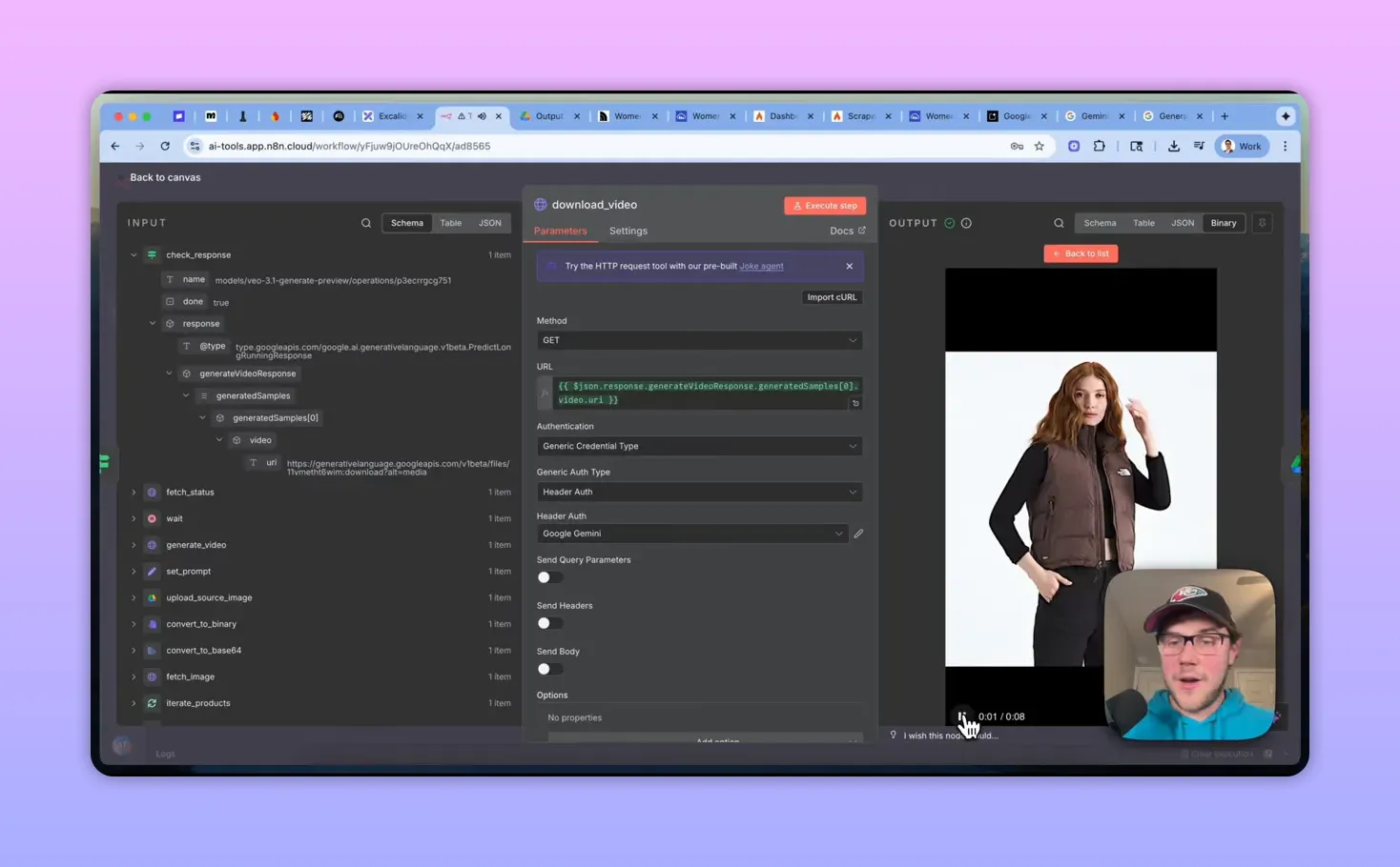 n8n download_video node panel with URL field and a product video preview shown in the output pane