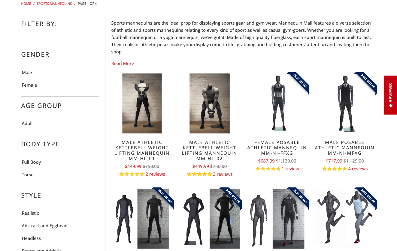 image showing the category page of an online store on the sport industry