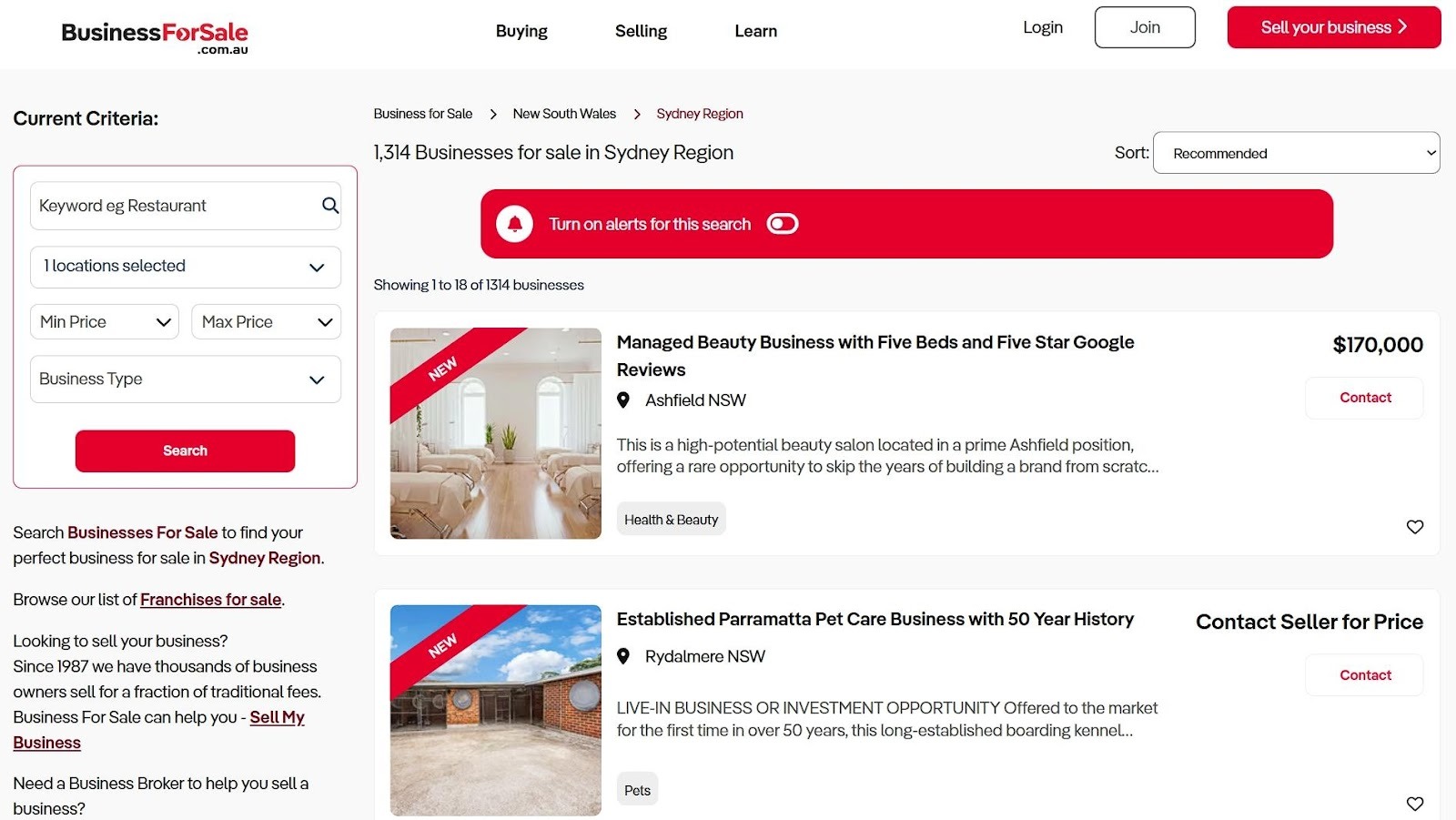 Image showing a category page of business for sale, an Australian website.