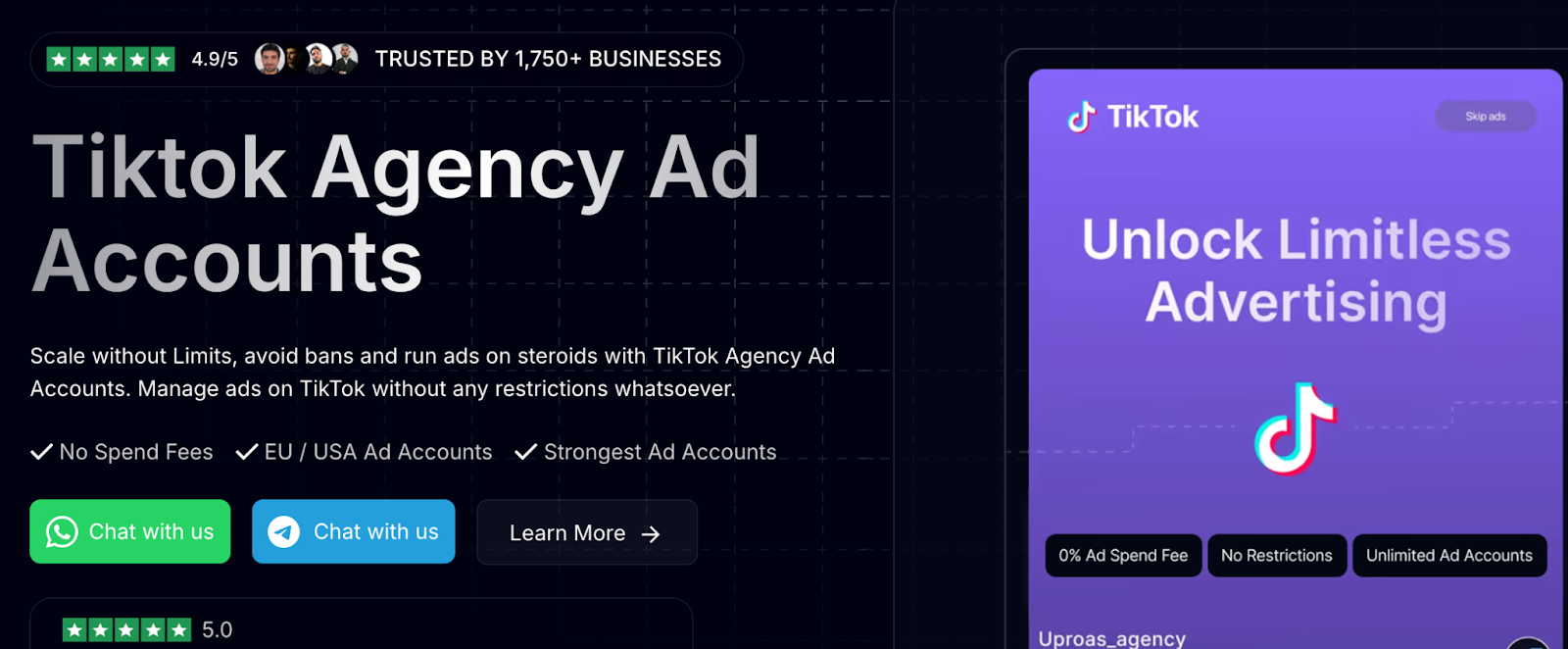 Image showing the HERO part of a Tiktok agency website