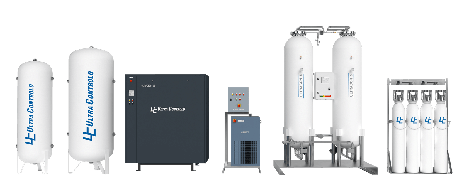 ULTRAOX medical oxygen plant: air and oxygen tanks, ULTRACECO compressor, air treatment, ULTRACON generators and the backup cylinder bank