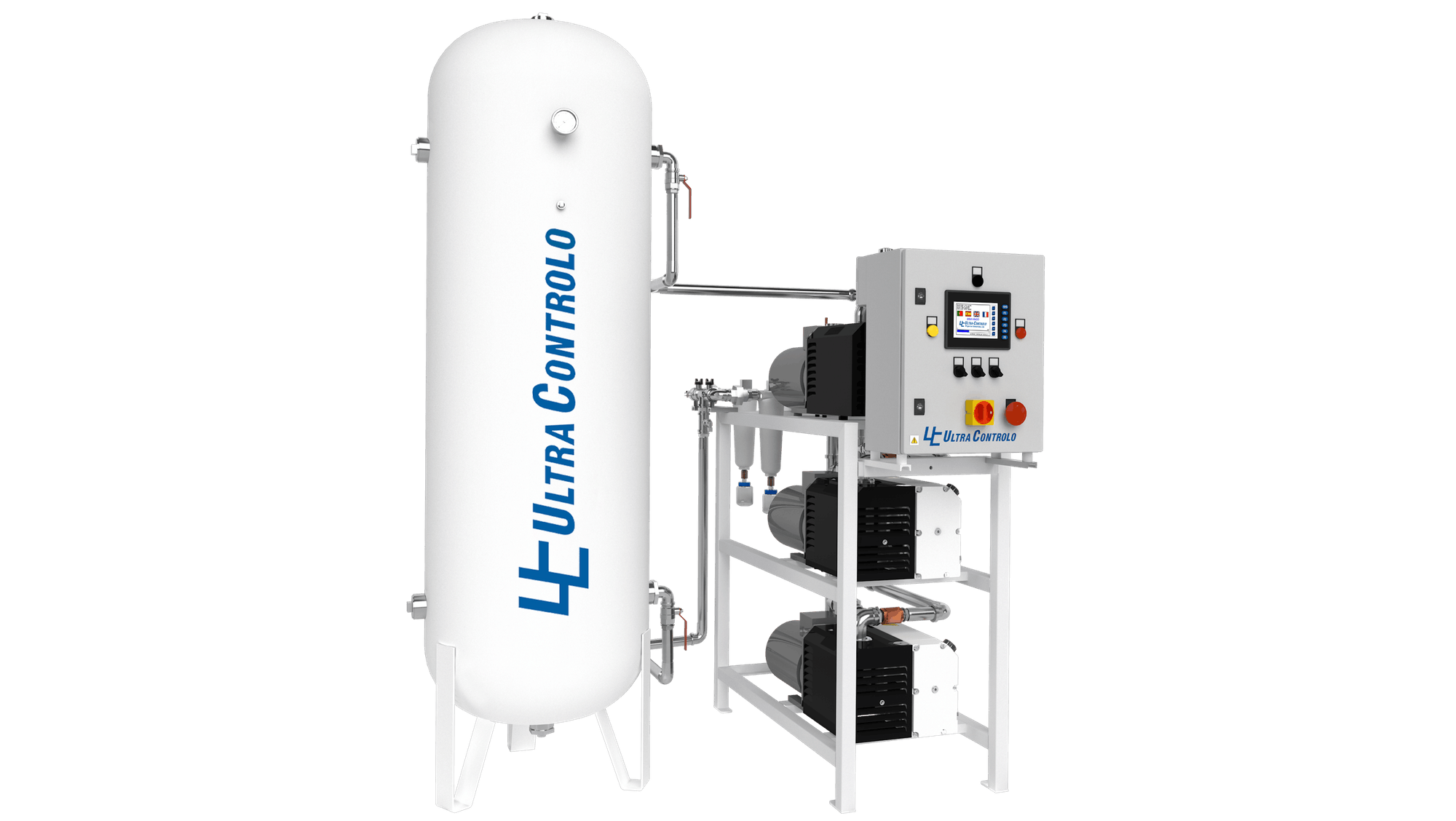 ULTRAVAC medical vacuum plant: vacuum vessel, bacterial filters, QuVAC touch-screen control and three Elmo Rietschle pumps