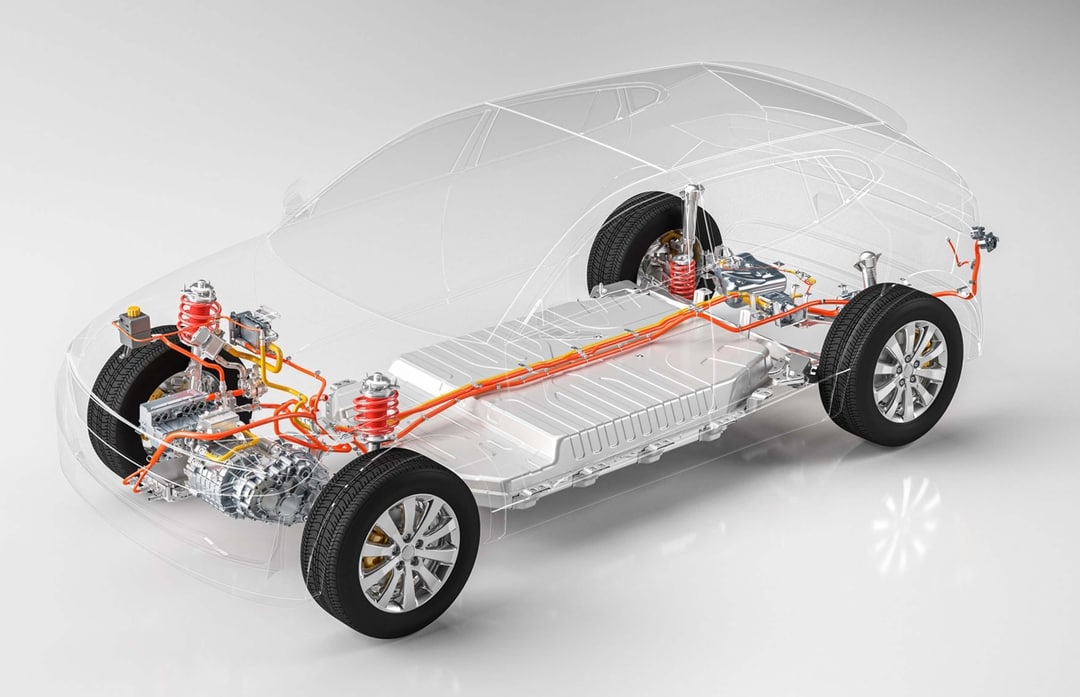 Vue en coupe d'une voiture électrique montrant le bloc-batterie situé dans le plancher