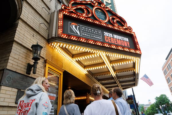 A theater marquis advertises the 2026 Induction Ceremony for the Women's Basketball Hall of Fame.