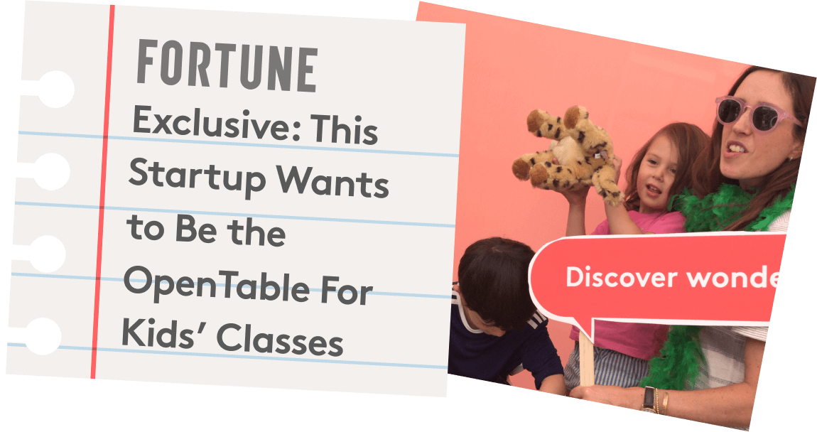 Graphic with publication headline: "Exclusive: This Startup wants to be the opentable for kids' classes"