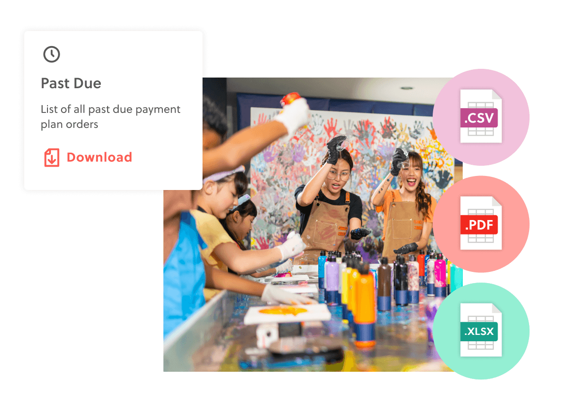 Image of an educator leading a class with graphics showing report download options
