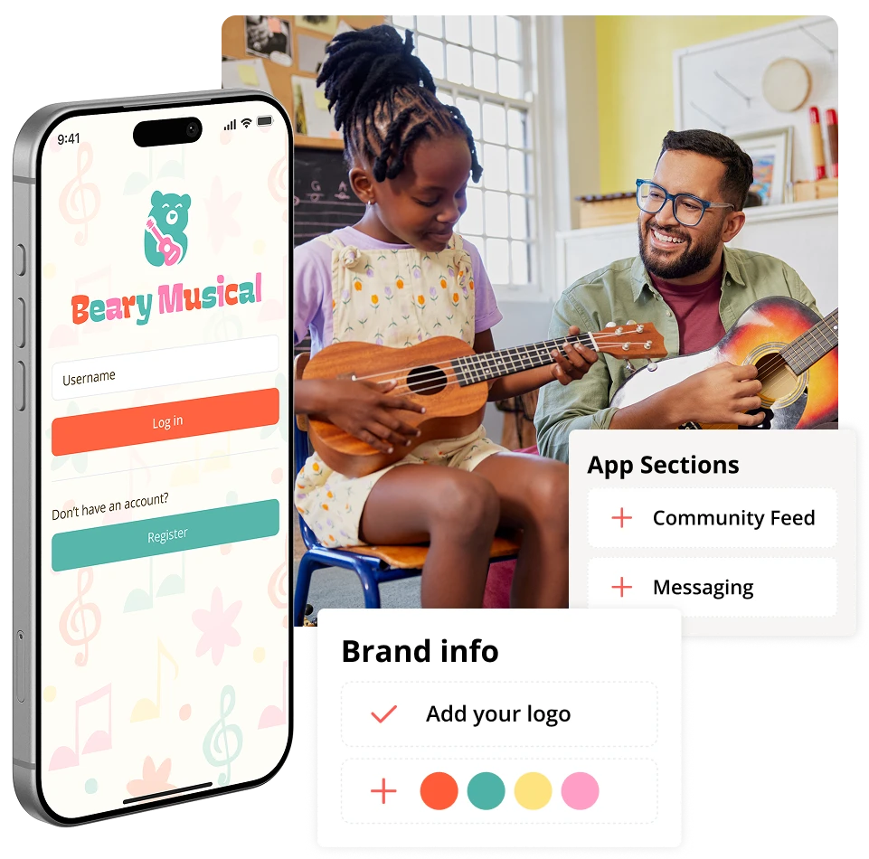 A login screen shown for a custom branded app for a music activity provider with an image of a student and teacher playing instruments.