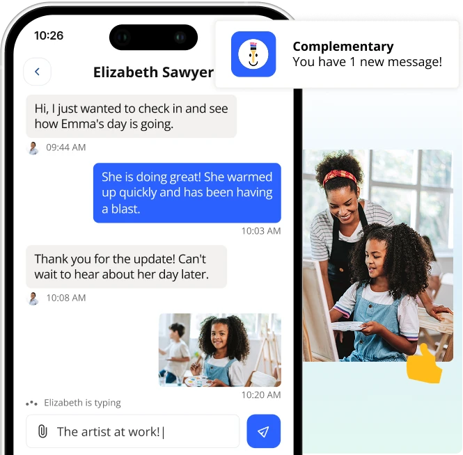 Phone screen showing a message exchange between an art educator and parent about their child through their custom branded app
